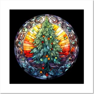 Stained glass window with Christmas tree in warm colours Posters and Art